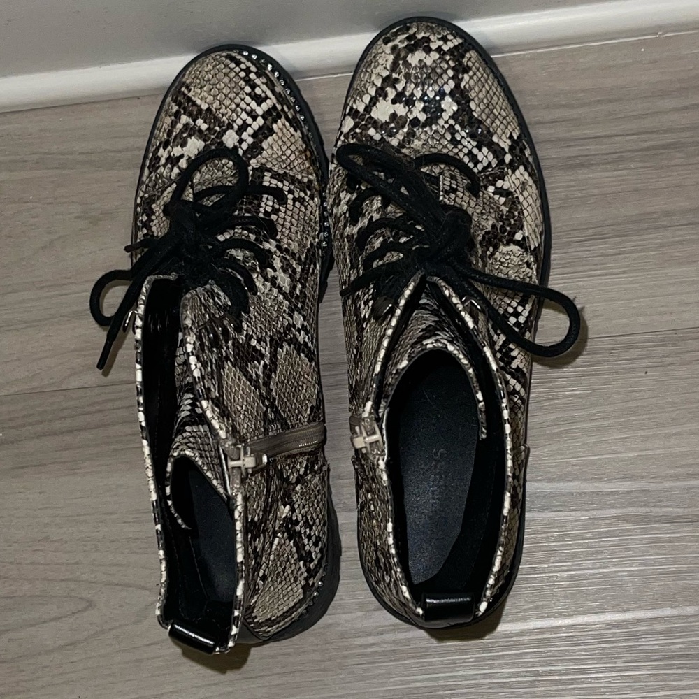 Express snakeskin combat booties. Rhinestone embellishing around sole. - Picture 8 of 10
